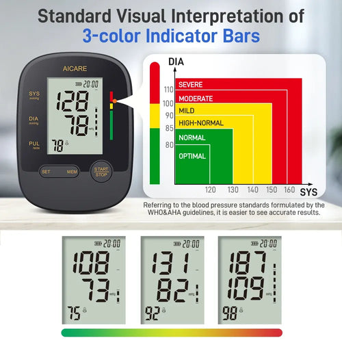 Black digital arm blood pressure monitor with color-coded health indicator display for accurate wellness tracking.