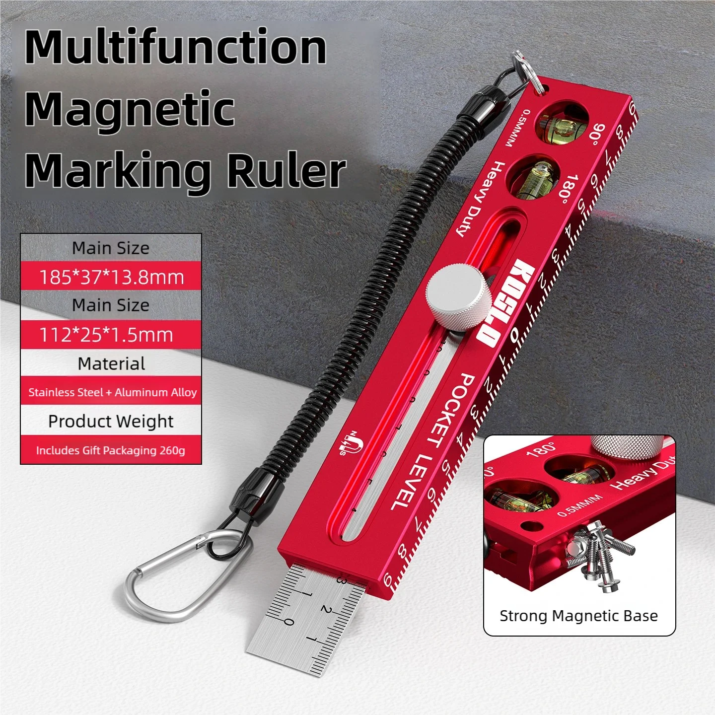 TINSOL Multi-functional Magnetic Marking Ruler Aluminum Alloy Ruler with Level Marking, Metric and Imperial, for Woodworking