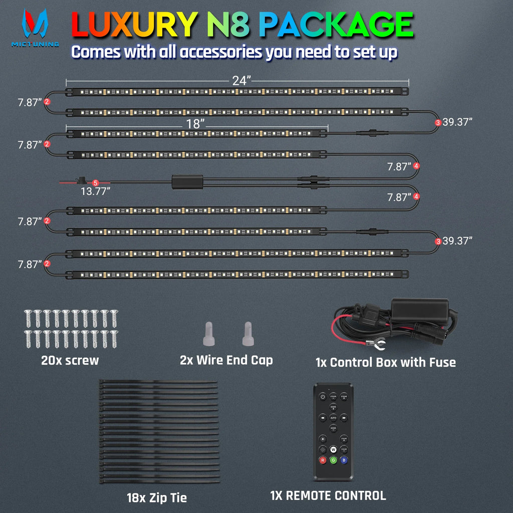 N8 LED light strip kit with four black strips, control box, remote, screws, and zip ties for vehicle accent lighting.