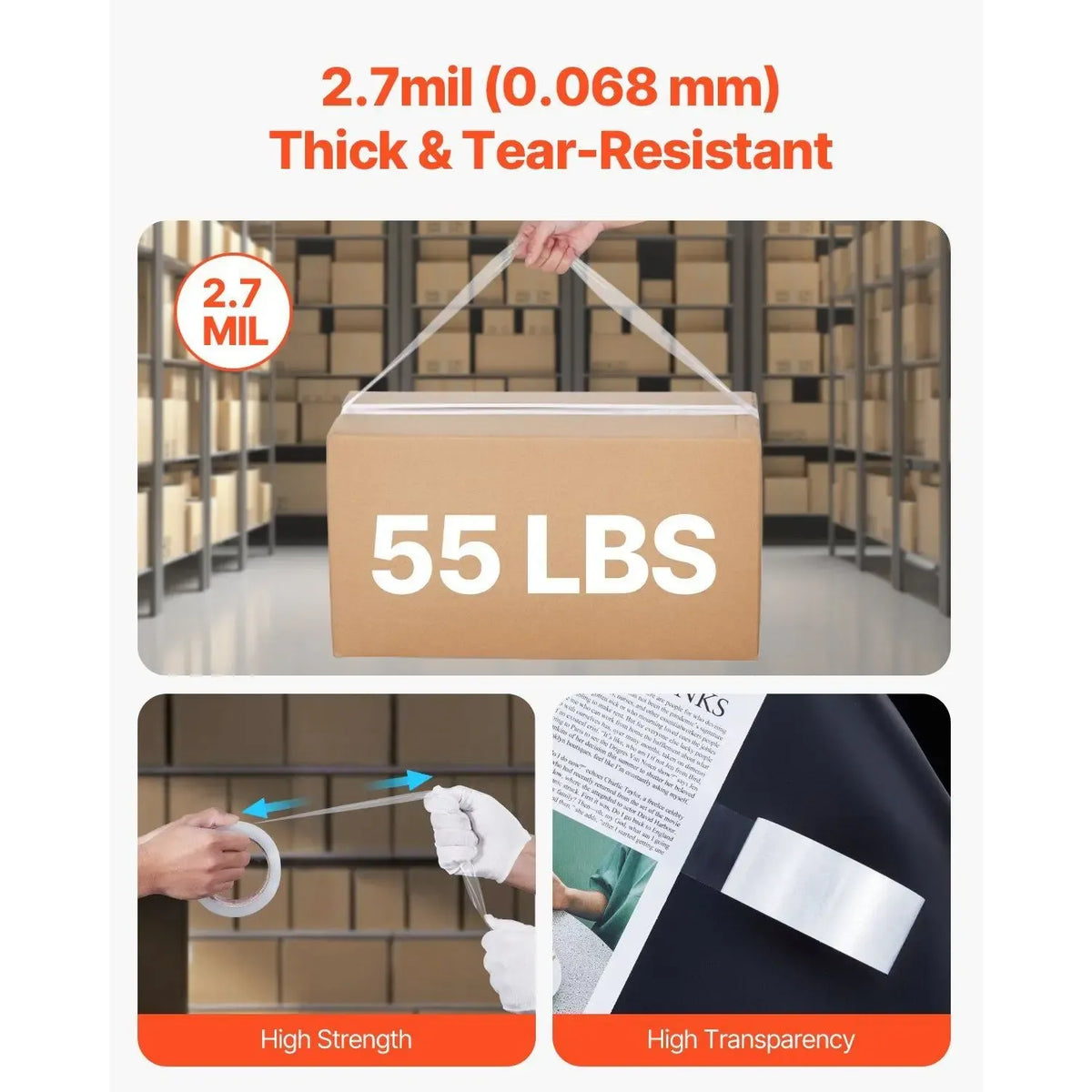 3-Inch Core Heavy Duty Clear Packing Tape 18 Rolls 1.88" X 65 Yards 2.7 Mil Thick No Dispensers Model D0100X3RT9P
