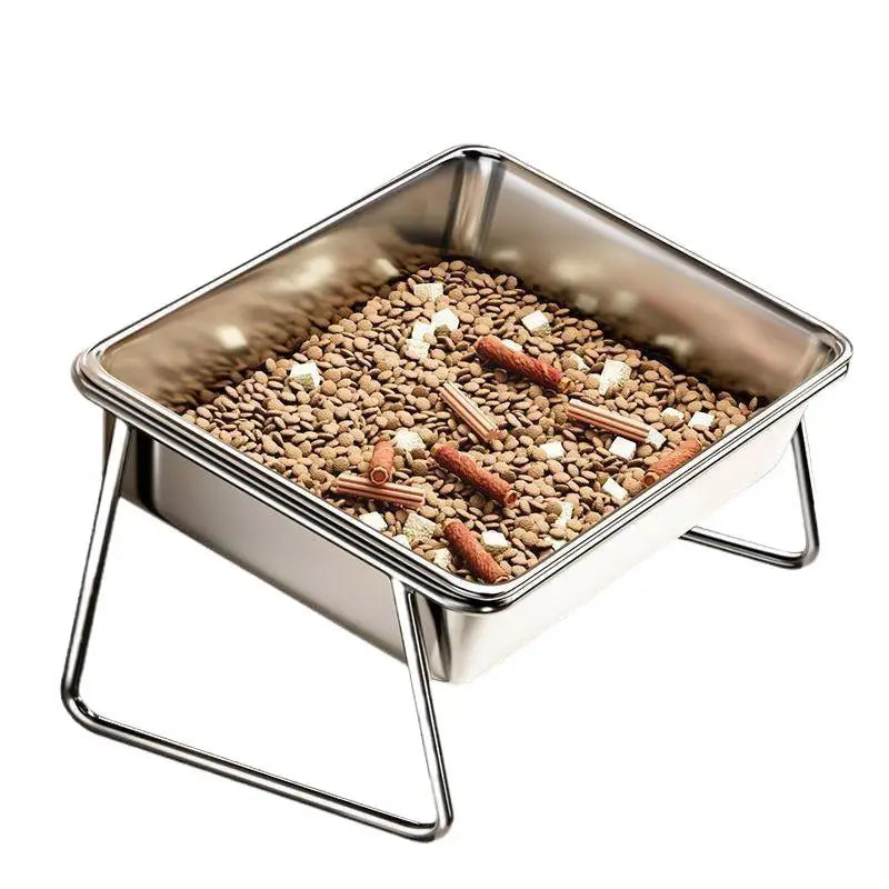 Stainless steel slanted pet bowl for cats and dogs, ergonomic elevated design to prevent neck strain and support health.