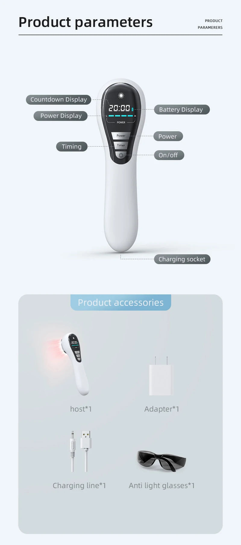 White handheld cold laser therapy device with digital display, charging cable, adapter, and protective glasses set.