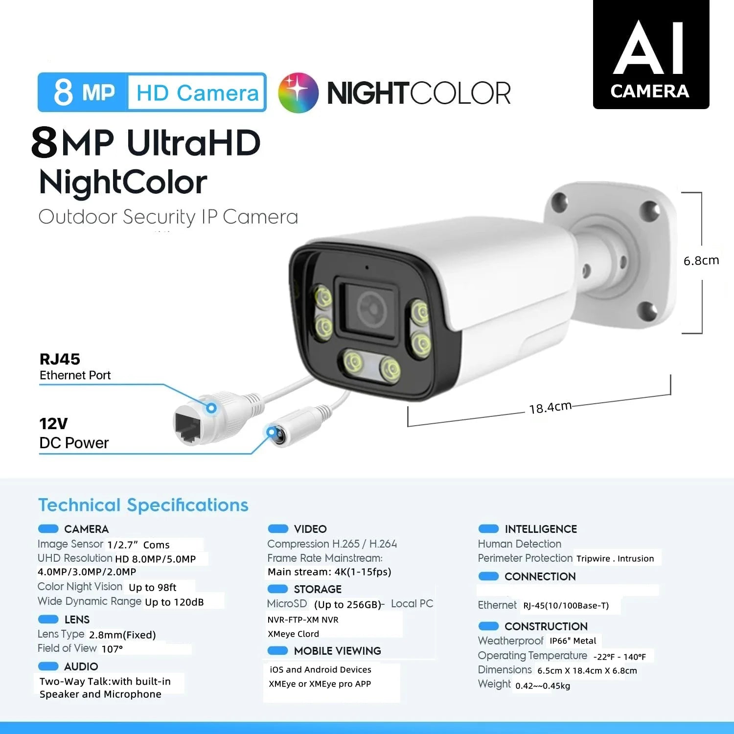 8MP Outdoor Security POE Camera AI 98ft NightColor IP Camera with Face/Human Detection H.265+ Video Surveillance Two-way Audio