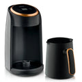 RAF electric Turkish coffee maker in black and copper with digital touch display and matching coffee pot.