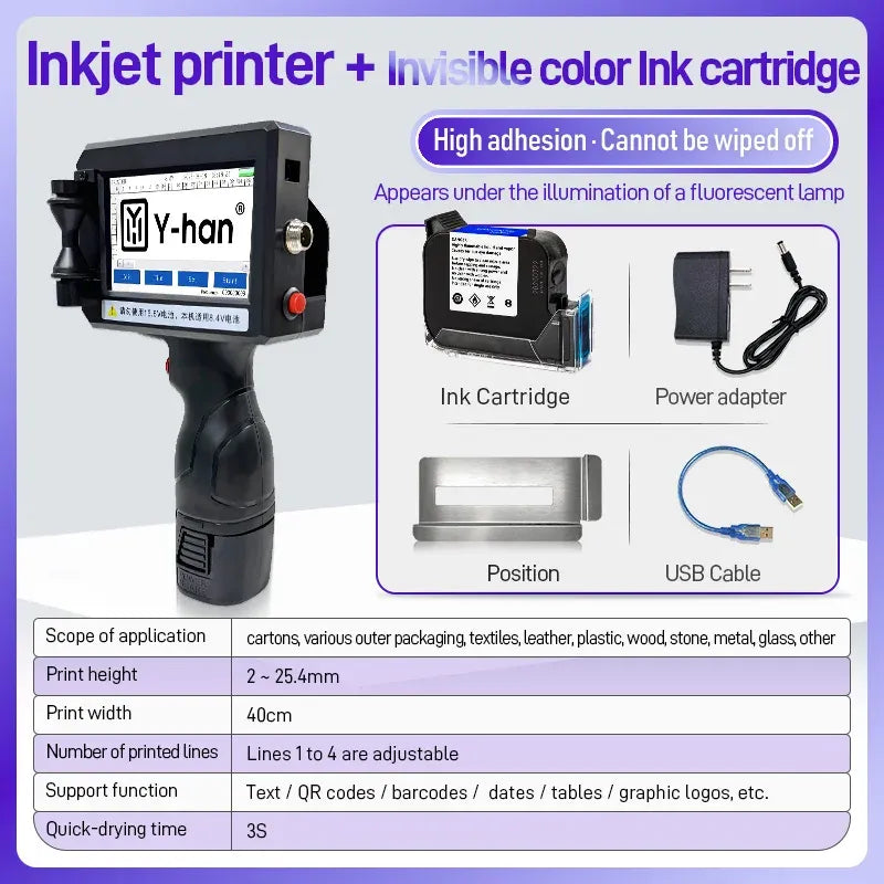 Handheld inkjet printer kit with invisible ink cartridge, power adapter, and USB cable