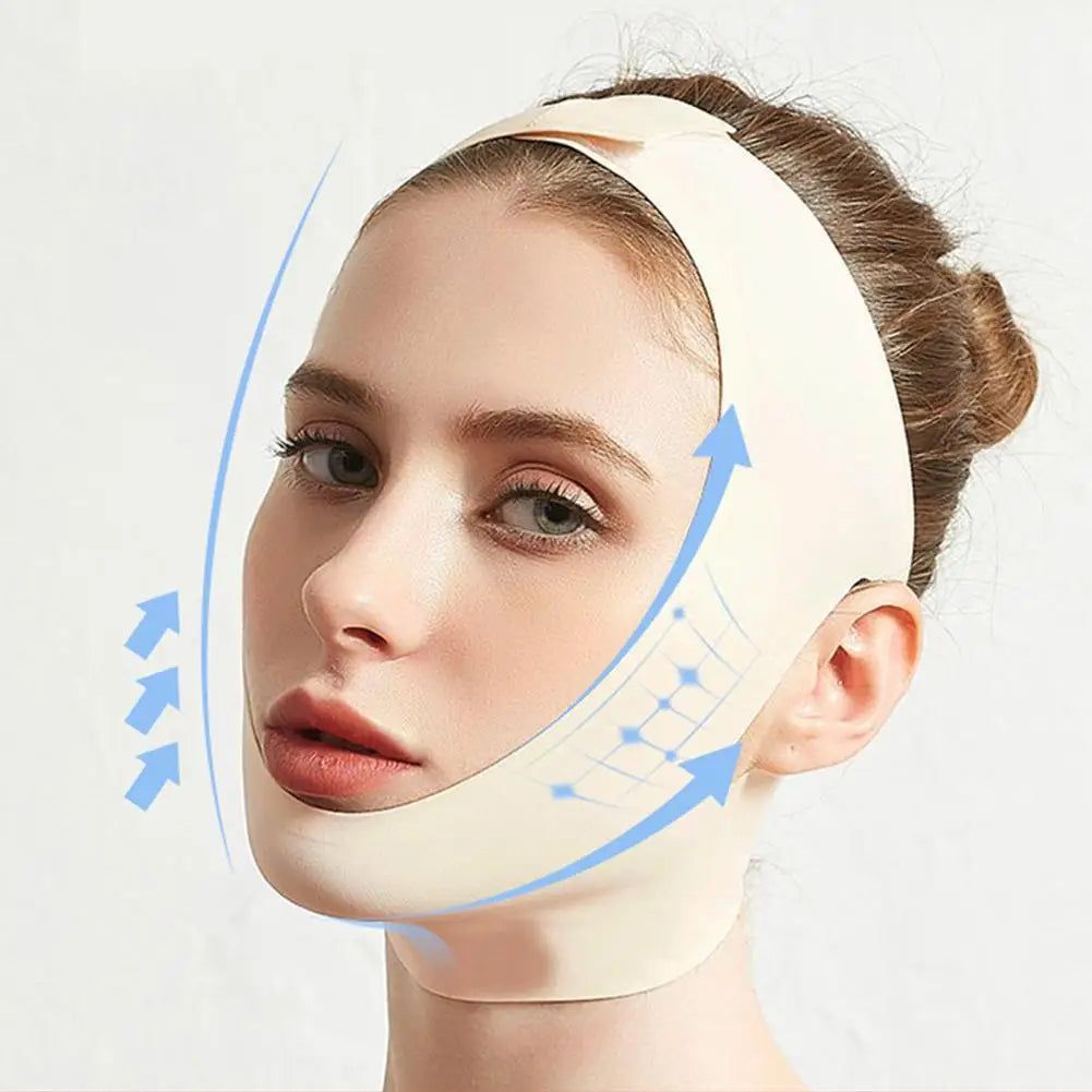 A woman wearing a beige, stretchy V-line face slimming bandage with blue directional arrows indicating a lifting effect.