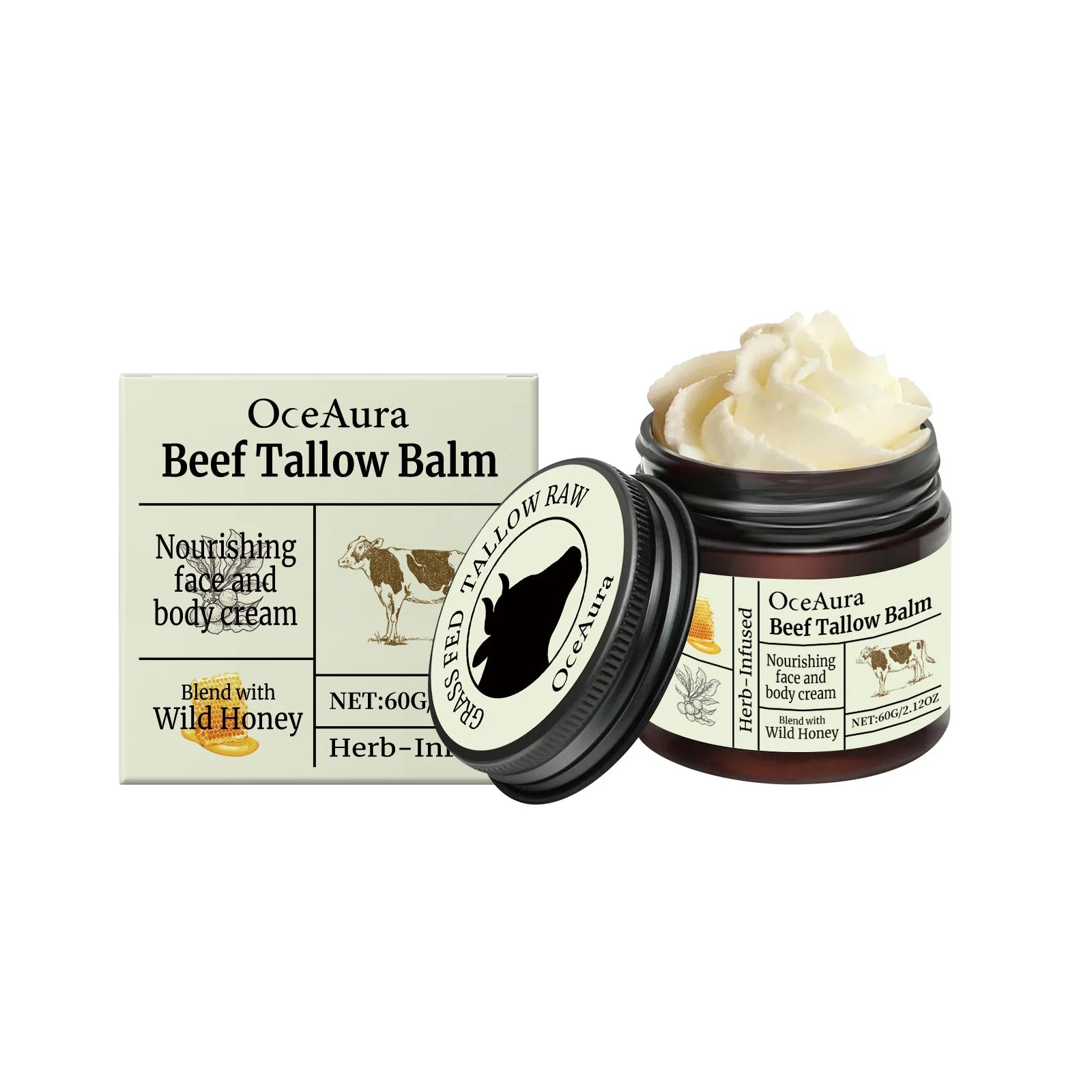 OceAura Beef Tallow Honey Balm Smooth Skin Barrier Repair Care Anti Cracking Body Moisturizer Olive Oil Nourishing Face Cream