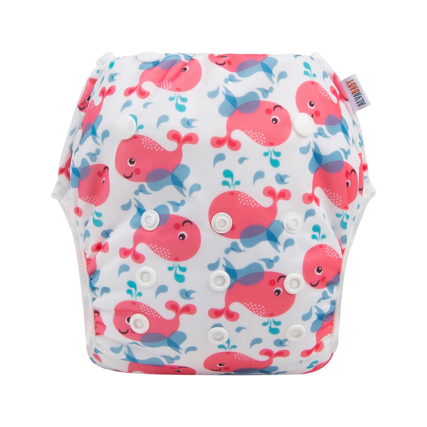AlvaBaby reusable cloth diaper featuring a white background with a cute pink whale print and adjustable snap buttons.