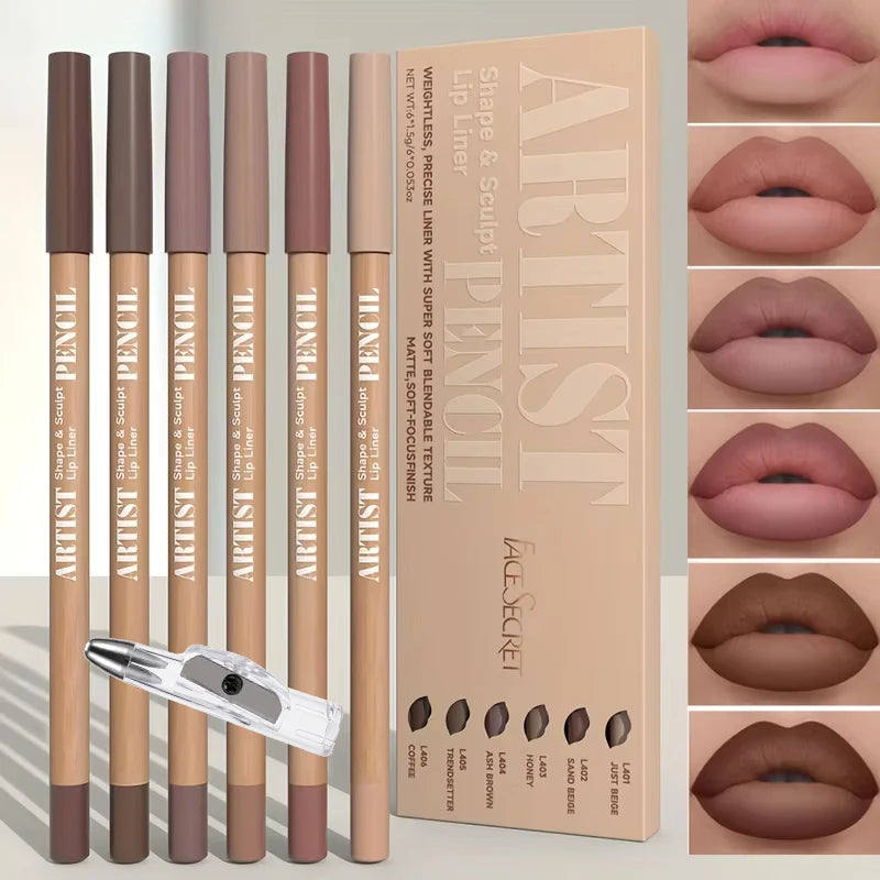 7-piece matte lip liner set with pencil sharpener in neutral earth tones for long-lasting, soft-focus lip definition.