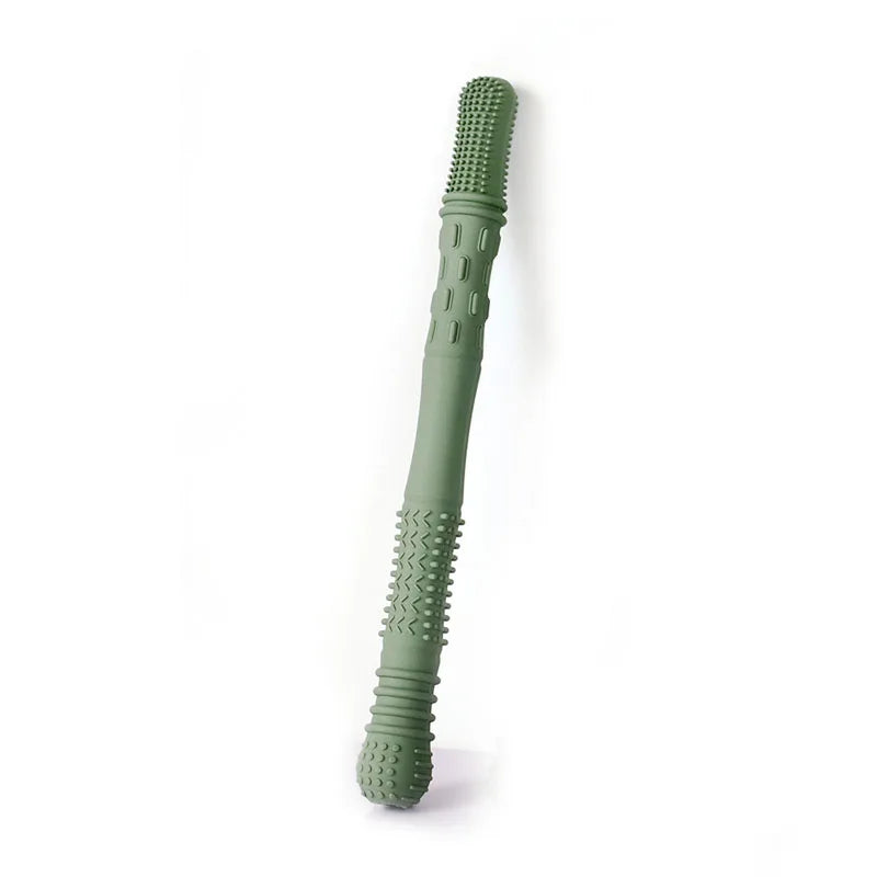 Sage green silicone baby teething toy stick for soothing gums.