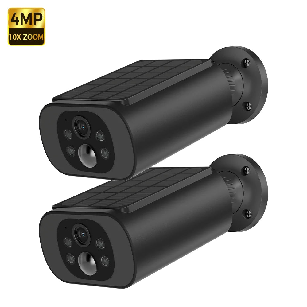 Outdoor solar security camera set, two black wall-mount units with solar panels