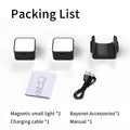 Two square black LED lights, a magnetic bayonet mount, USB charging cable, and user manual.