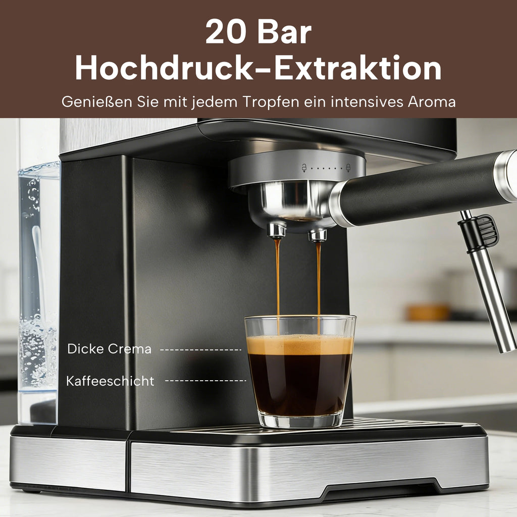 Black and silver 20-bar espresso machine pouring coffee into a glass, featuring a visible water tank and portafilter.