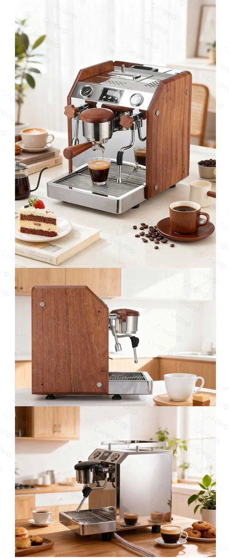 Professional stainless steel and wood espresso machine with digital display and steam wand on a kitchen counter.