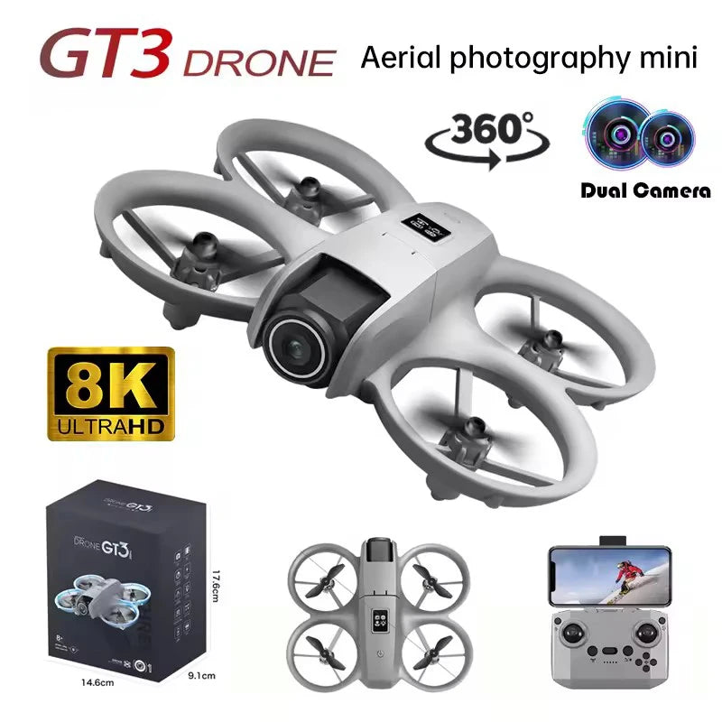 GT3 mini aerial photography drone, light gray plastic, ducted quadcopter design, includes controller and retail box.