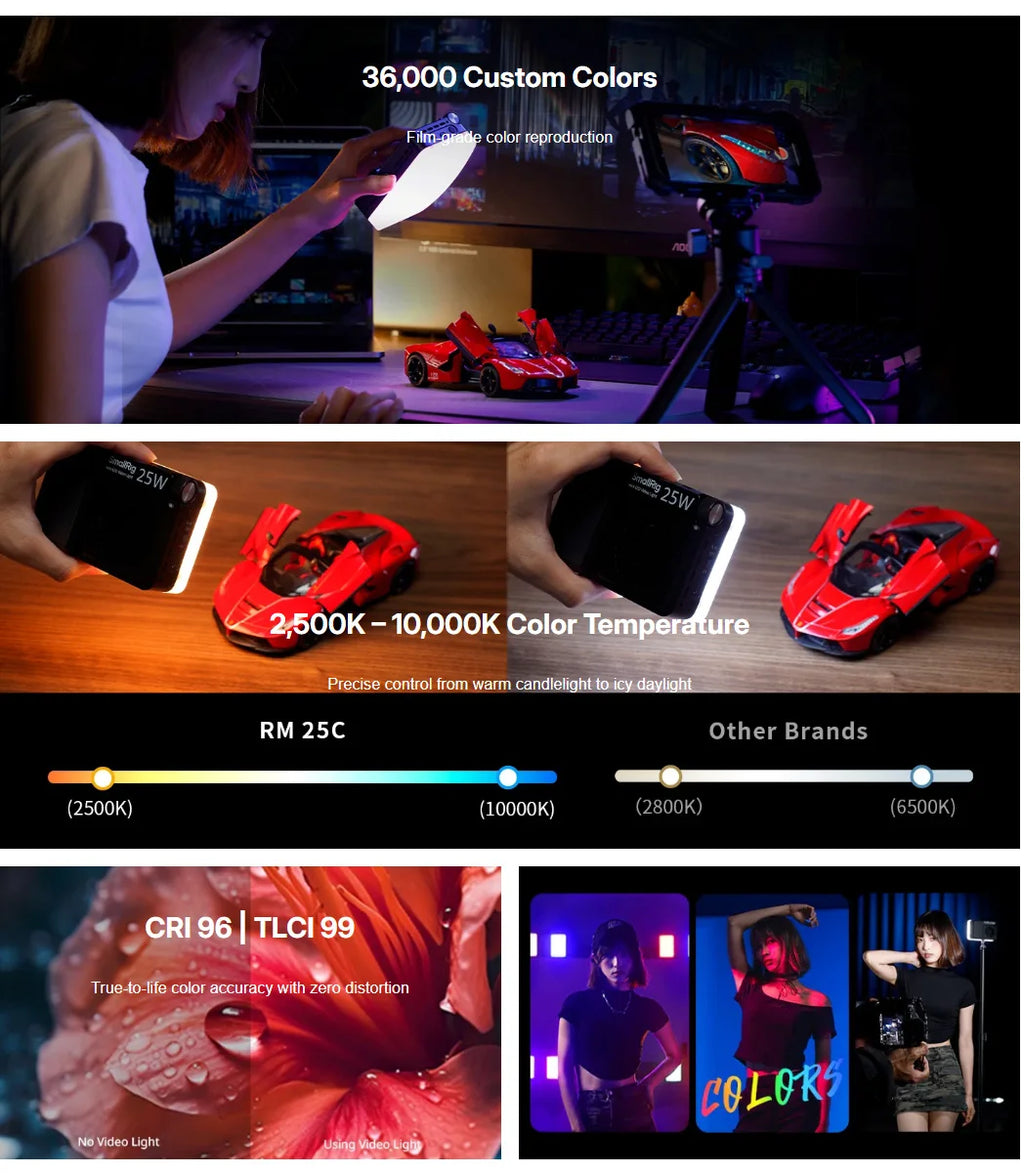 RM 25C portable LED light panel with adjustable color temperature and RGB output for photography and video lighting.