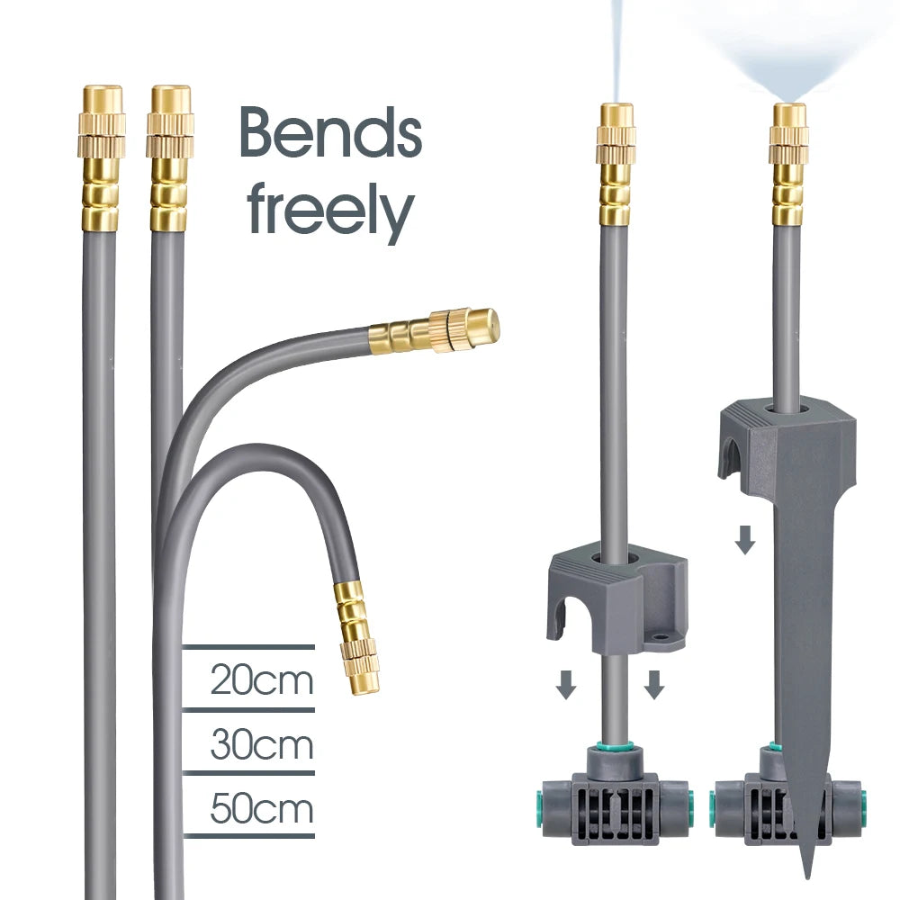 Flexible brass misting nozzle assembly with gray pipe and gray mounting bracket