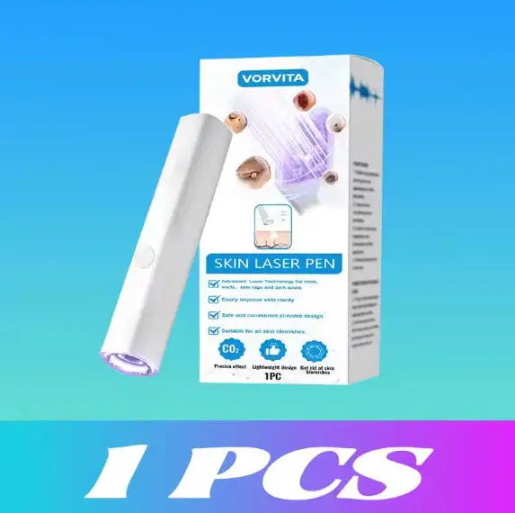 White handheld skin laser pen next to its product packaging box displaying illustrations of skin blemish removal.