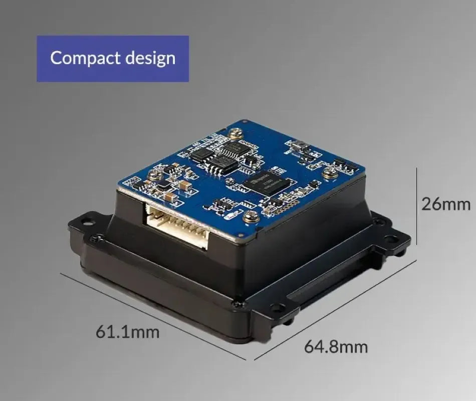Compact barcode scanner module with blue PCB and black housing; shows height and width