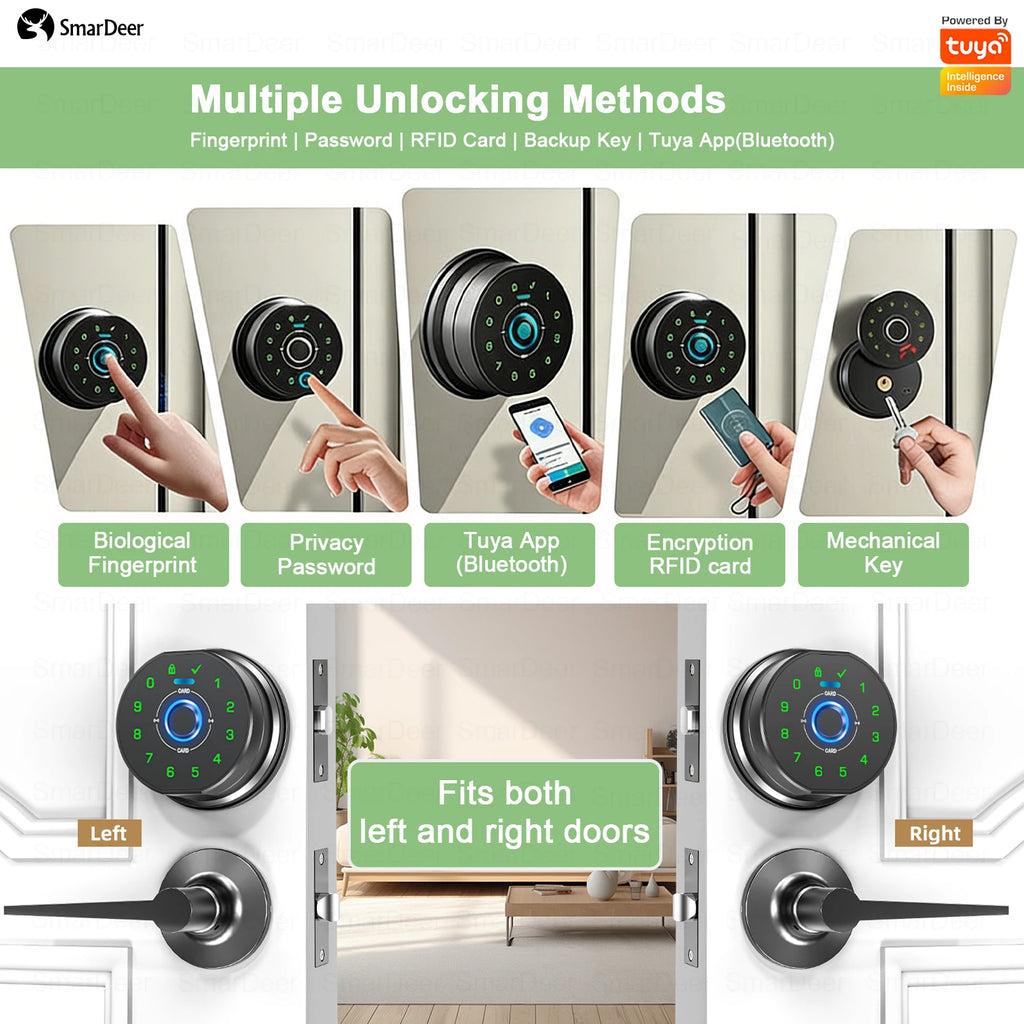SmarDeer Fingerprint Door Lock, Electronic Keyless Entry Door Knob Lock with Handle, Remote Passcode Generation for Tuya Smart