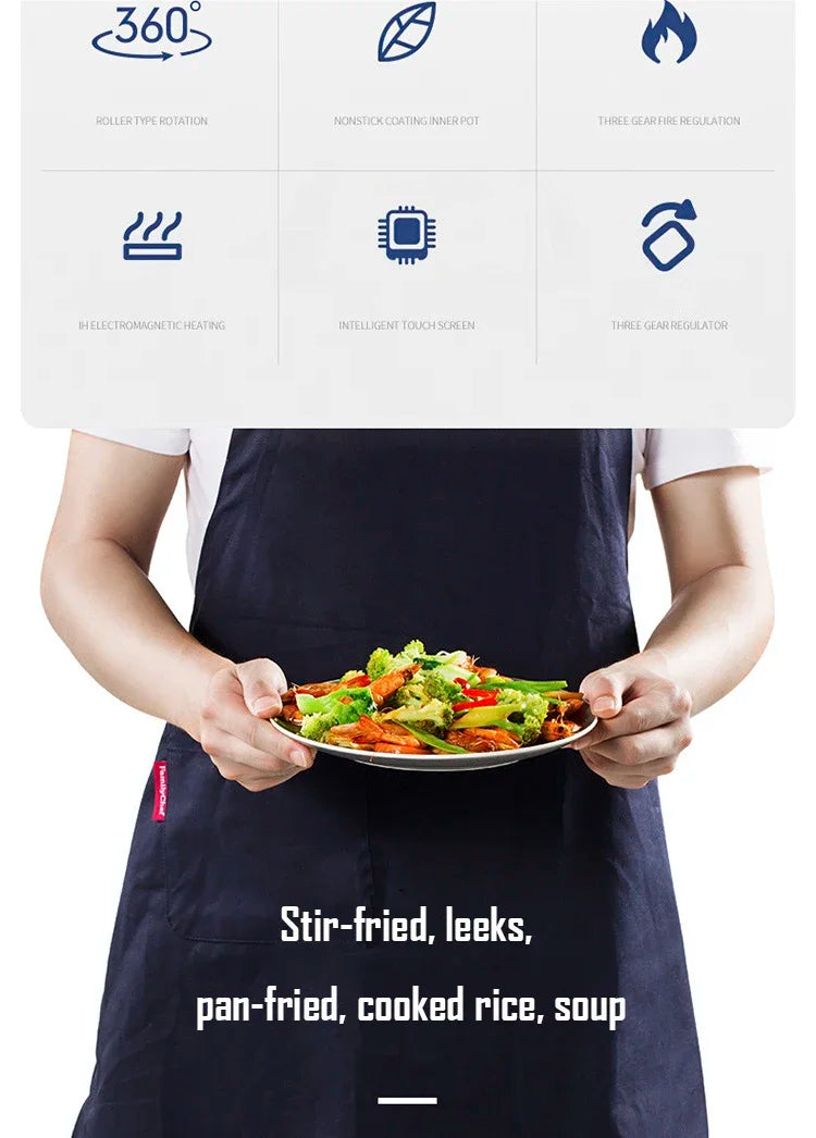 Electric cooking robot with served bowl of stir-fried vegetables