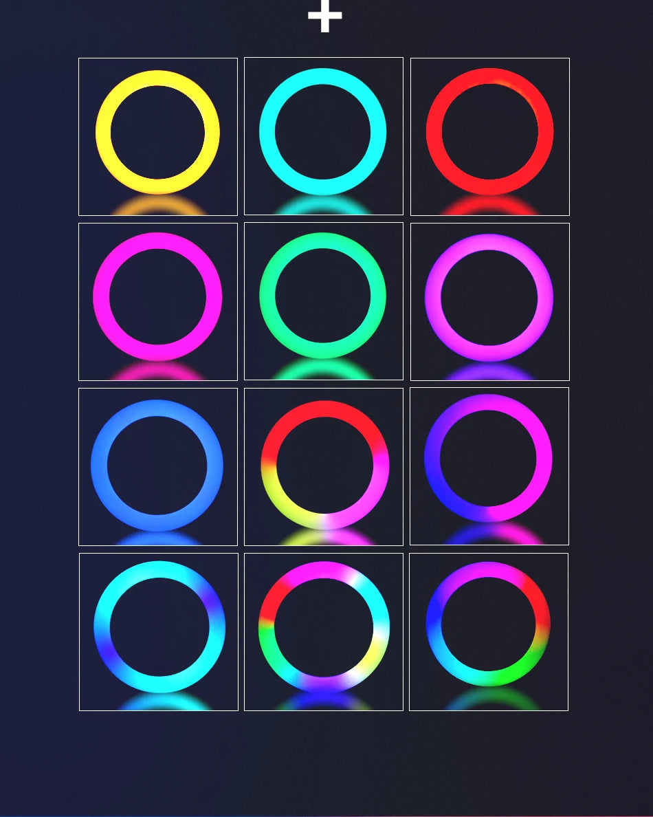 Twelve glowing circular LED ring lights in various solid and gradient colors arranged in a grid for photography.