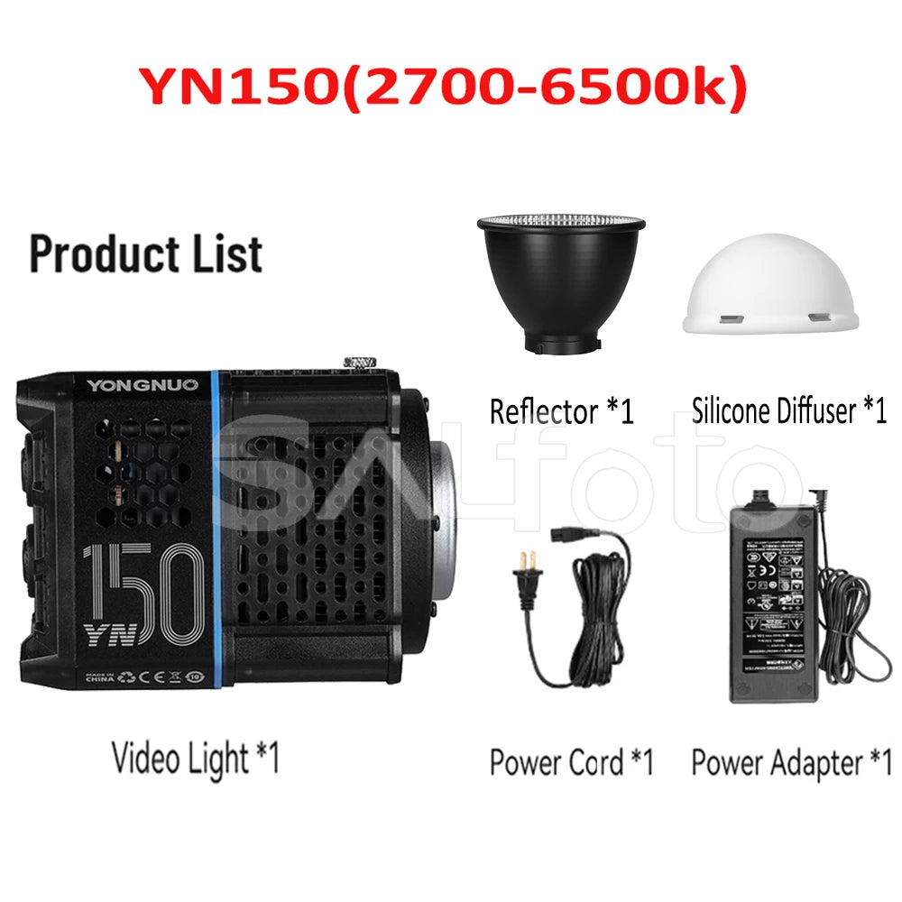 YN150 LED video light kit including a black light fixture, reflector, silicone diffuser, power cord, and adapter.