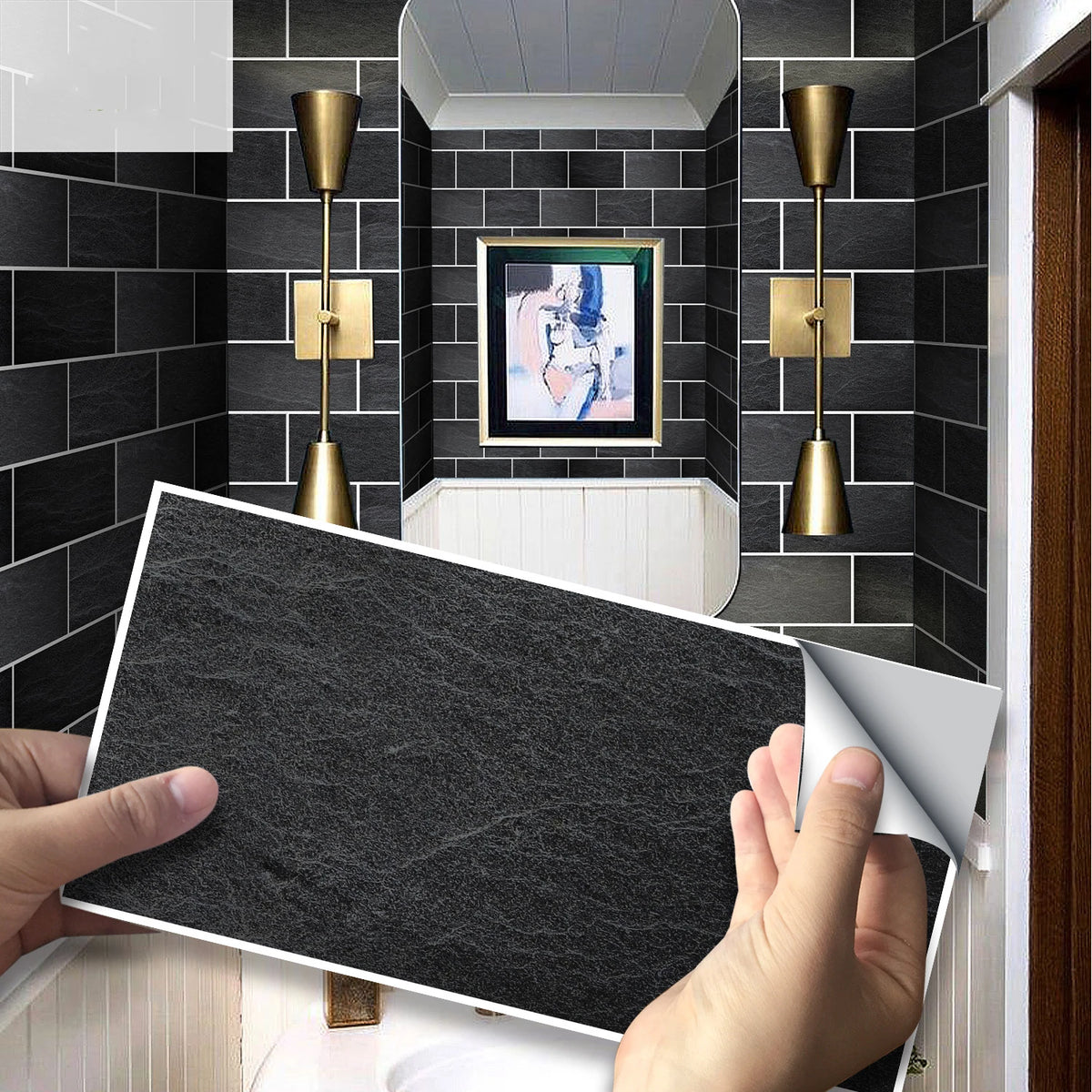 Peel-and-stick brick tile decal sheet in dark gray with white border