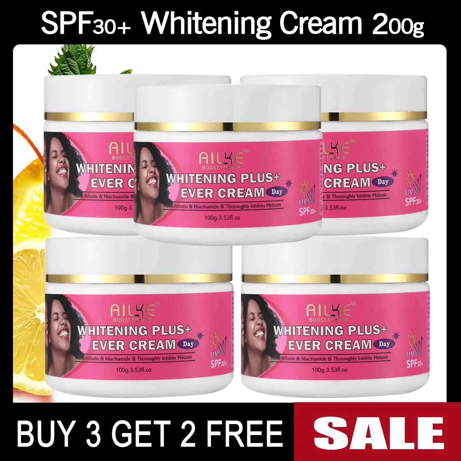 AILKE Whitening Plus Ever Cream SPF30+ set for dark spot removal in white and pink jars for all skin types.