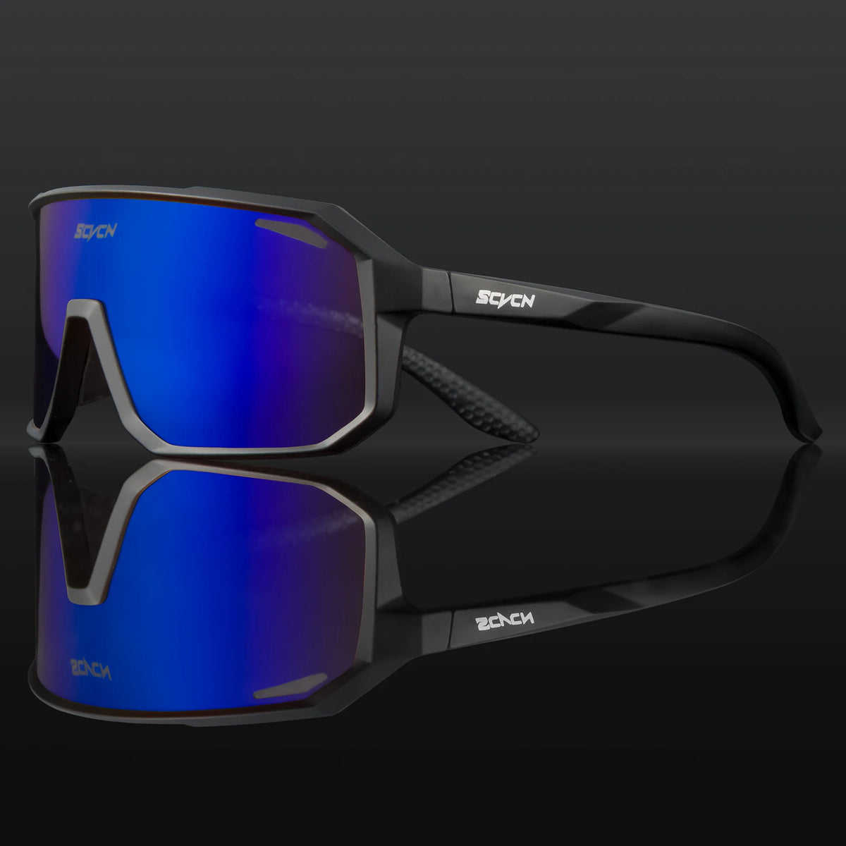 Cycling sunglasses with black frame and blue mirrored lenses