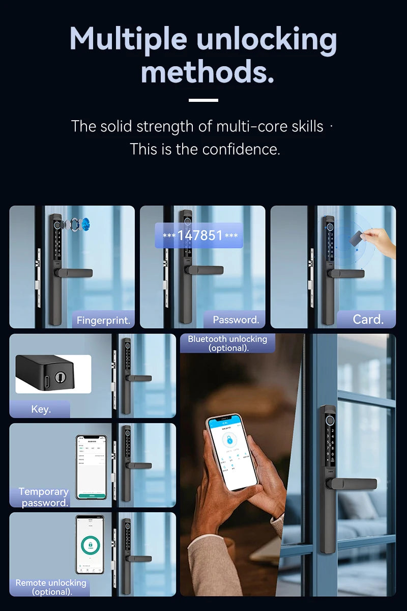 Tuya App Smart Door Lock Waterproof Fingerprint Password Card Bridge-Cut For Outdoor Pull Push Sliding Grille Door