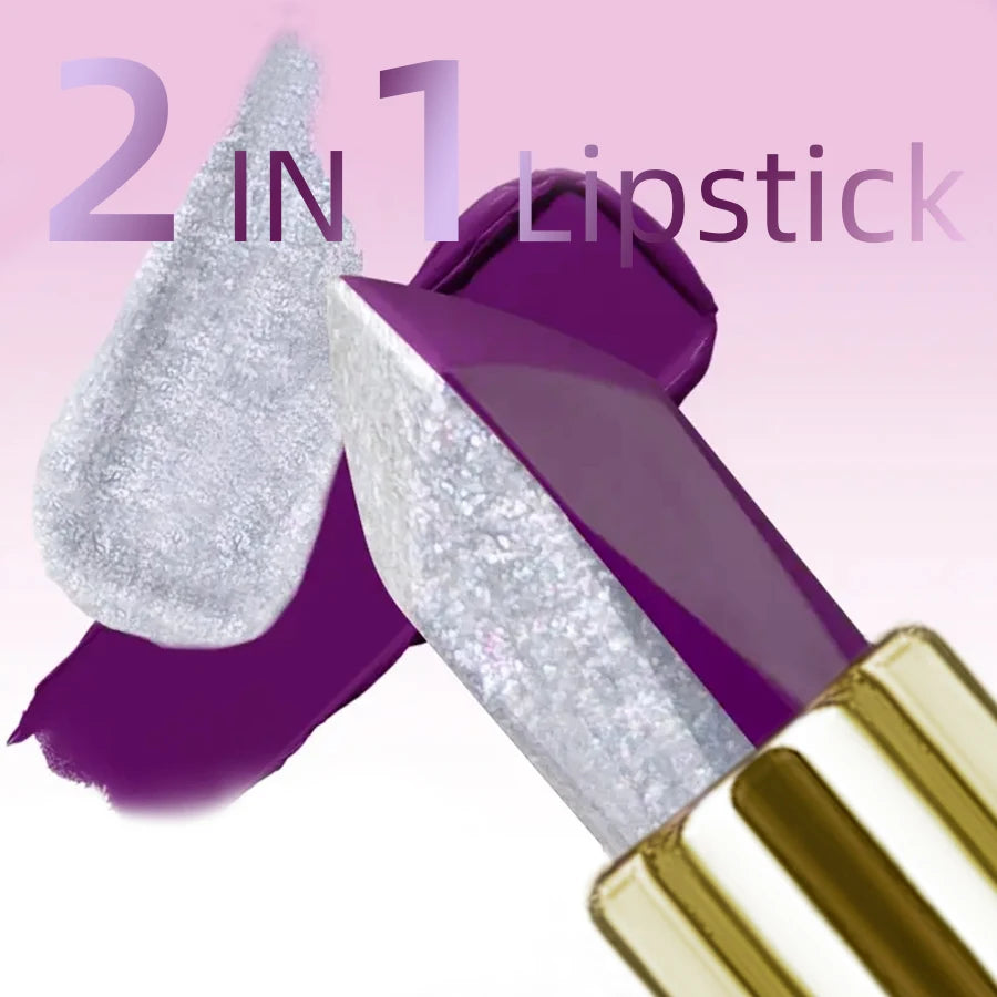 2-in-1 lipstick with purple matte and silver glitter texture for a bold, moisturizing dual-tone lip makeup look.
