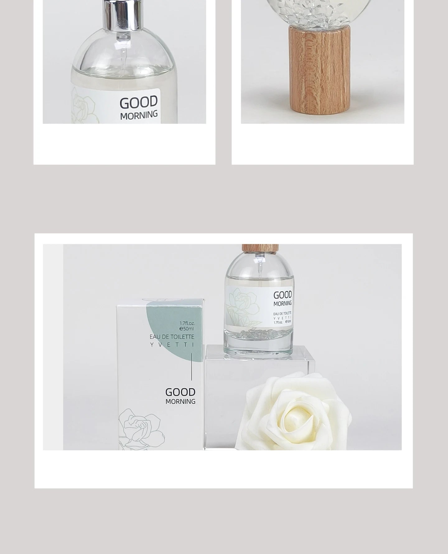 Pure Gardenia niche floral perfume bottle with white rose and minimalist box, 50ml elegant glass design.