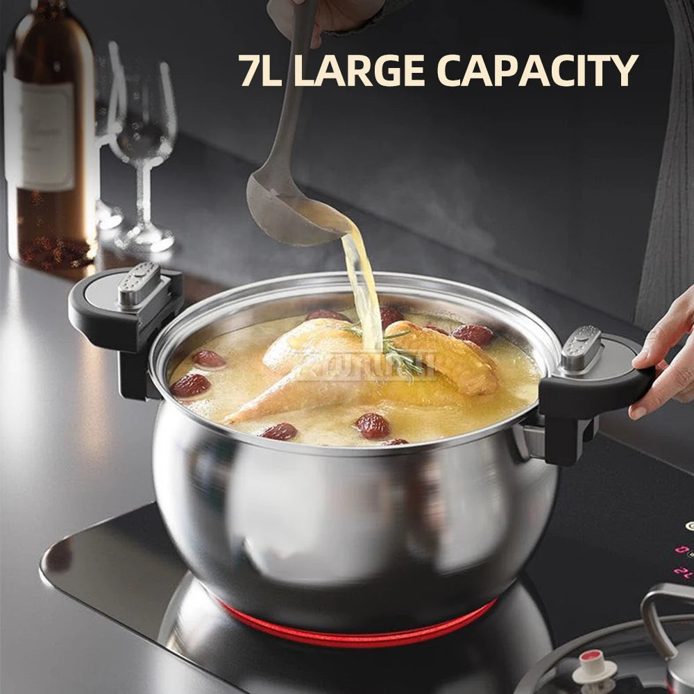 Stainless steel pressure cooker steaming liquid with pouring spout and side handles