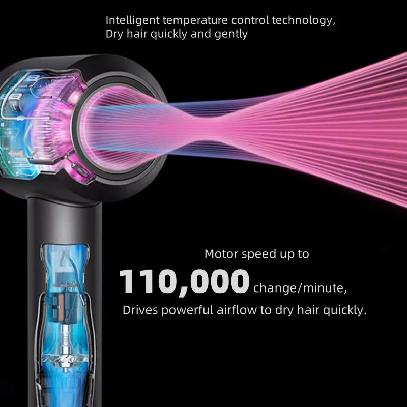 Black high-speed professional ionic hair dryer with 110,000 RPM motor for fast, intelligent temperature-controlled drying.