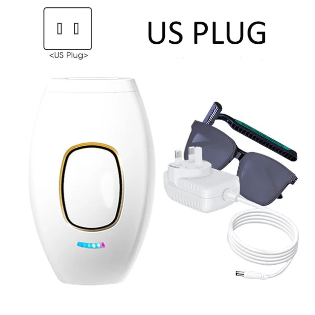 White IPL laser hair removal device with US plug, safety glasses, and razor for painless home body hair removal.