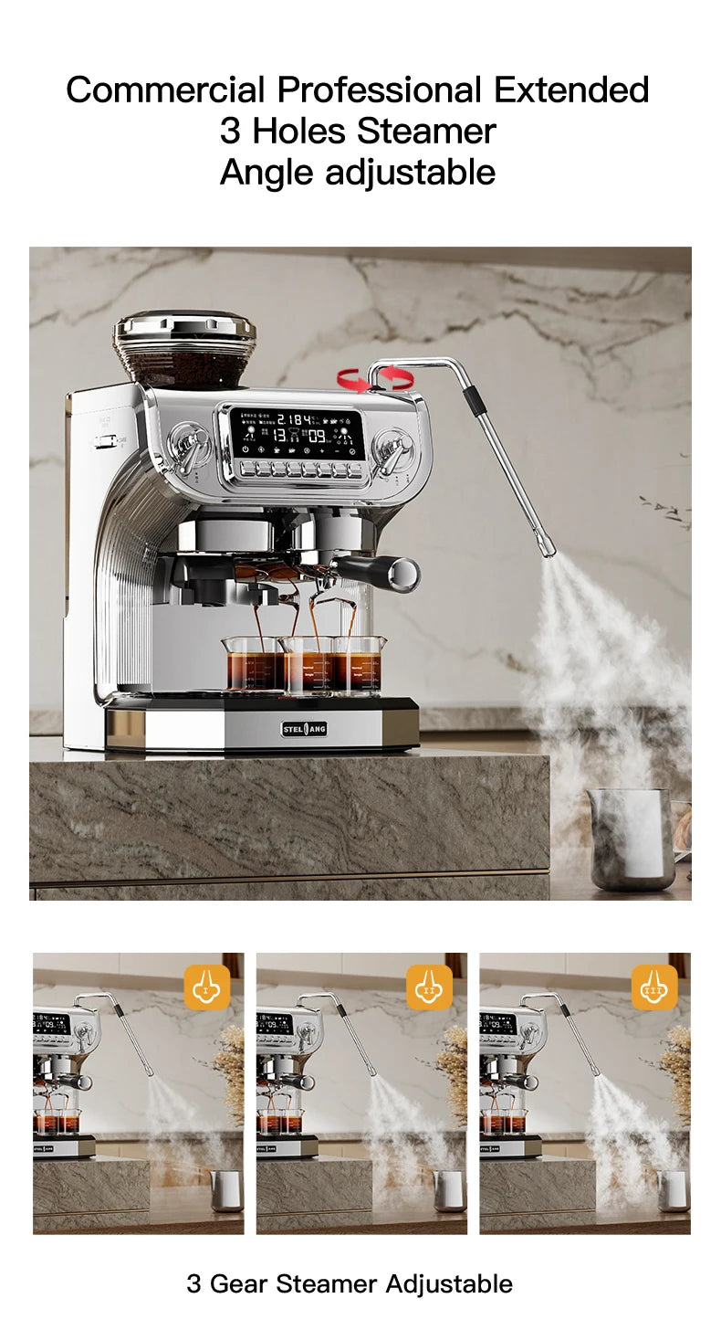 Stelang commercial espresso machine, chrome finish with 3-hole adjustable steam wand and digital control display.