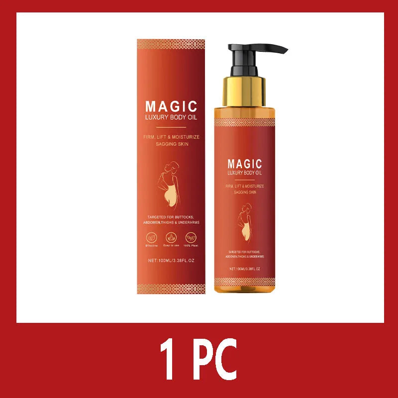 Magic Luxury Body Oil bottle and matching rectangular box in orange gradient packaging with gold pump dispenser.