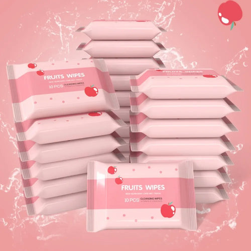 Fruits Wipes baby care cleansing wipes, 10-count packs with apple design, gentle vitamin E essence for newborns.