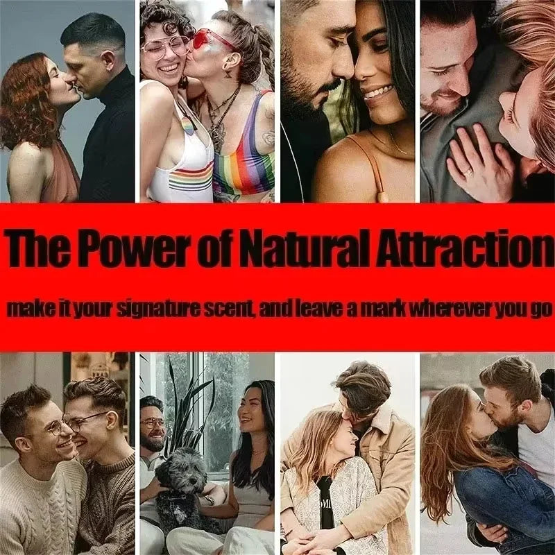 Collage of diverse couples kissing and embracing, with red banner text about scent and natural attraction.