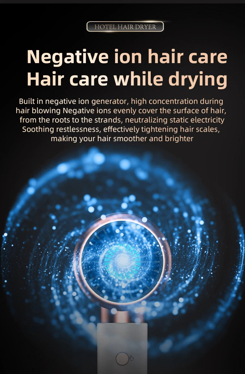 Wall-mounted blue light hair dryer with negative ion tech for smooth, salon-quality results at home or in hotels.