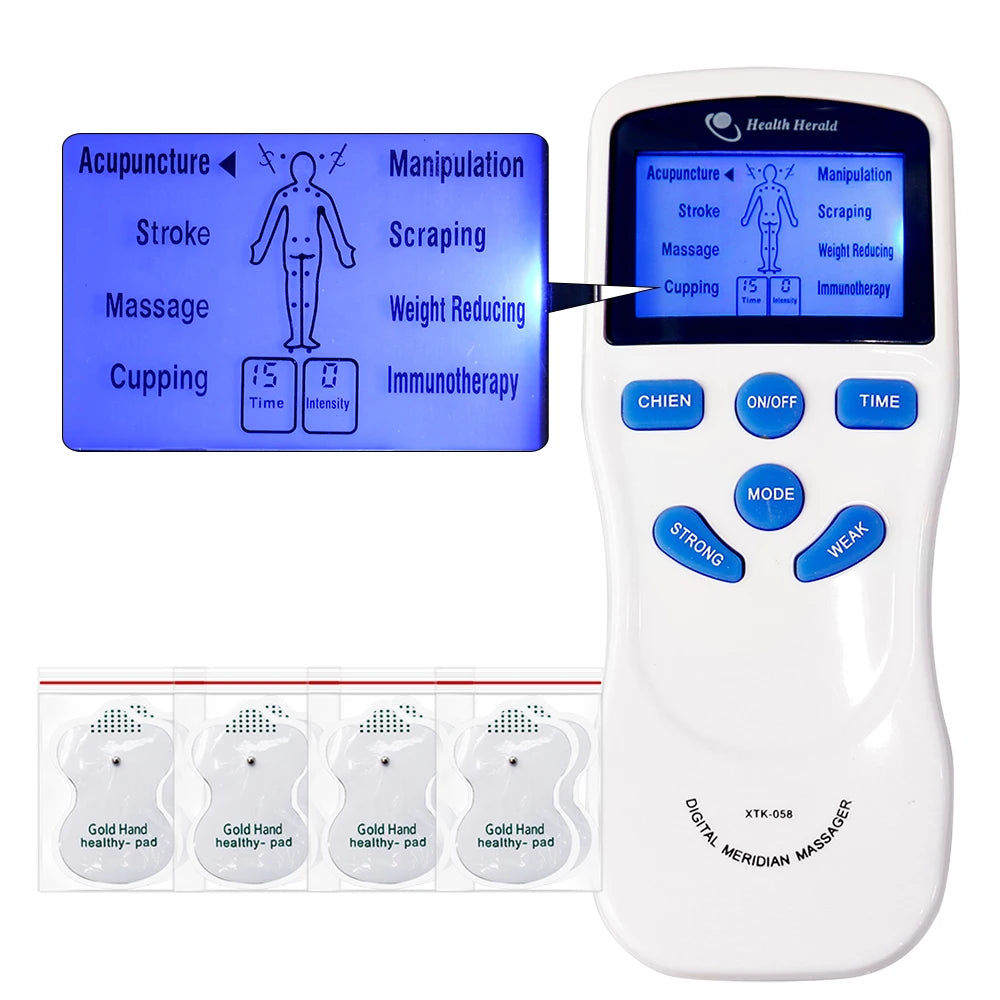 Digital TENS EMS pulse massager with 8 modes, LCD screen, and electrode pads for pain relief and muscle stimulation.