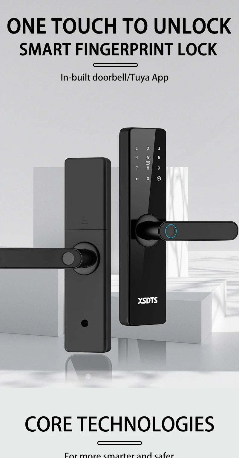 Smart Door Lock With Electronic Biometric Fingerprint Smart Card Password Key Unlock USB Tuya APP Emergency Charge lock