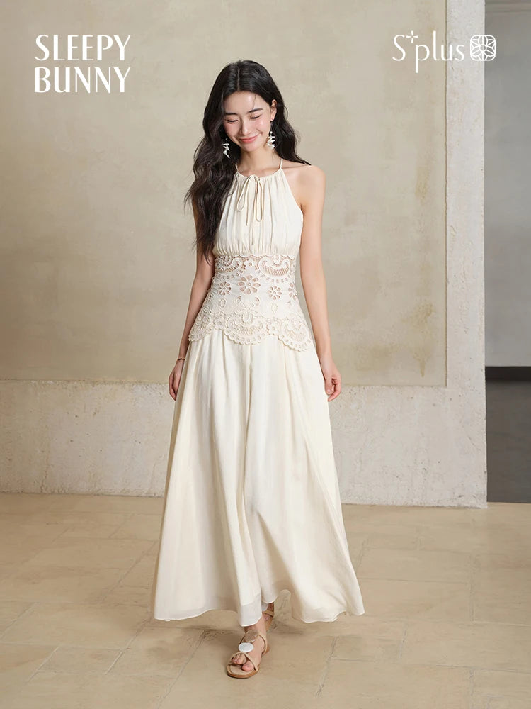 Lace Halter Maxi Dress Women Summer A-Line Slim Fit French Style Elegant Long Dress Hollow Out Sleeveless Fake Two-Piece Outfit