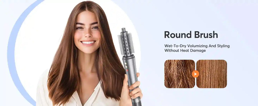 Bopcal 5-in-1 grey hair dryer brush, volumizing round styling attachment for smooth, frizz-free salon hair results.