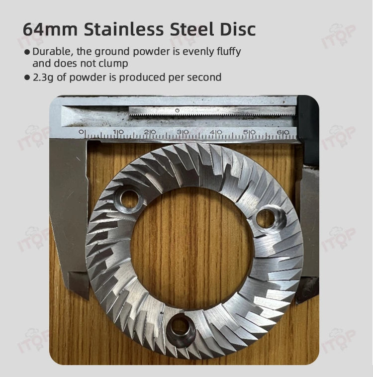 ITOP 64mm stainless steel flat burr disc for coffee grinders measured with a digital caliper.