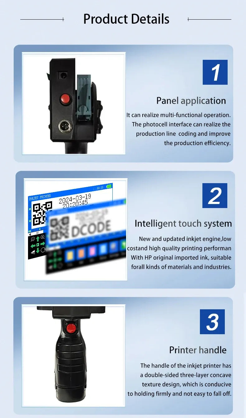 Handheld inkjet printer details inside a suitcase-style product panel
