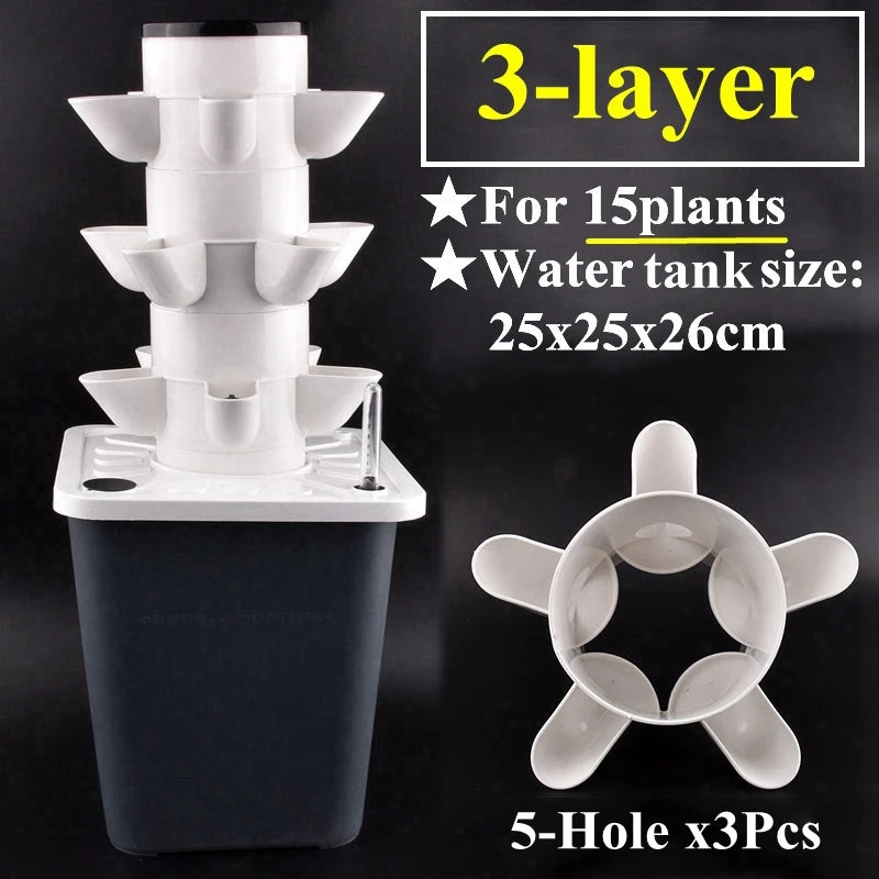 Vertical hydroponic planter tower kit with 3 layers and 5-hole inserts, white