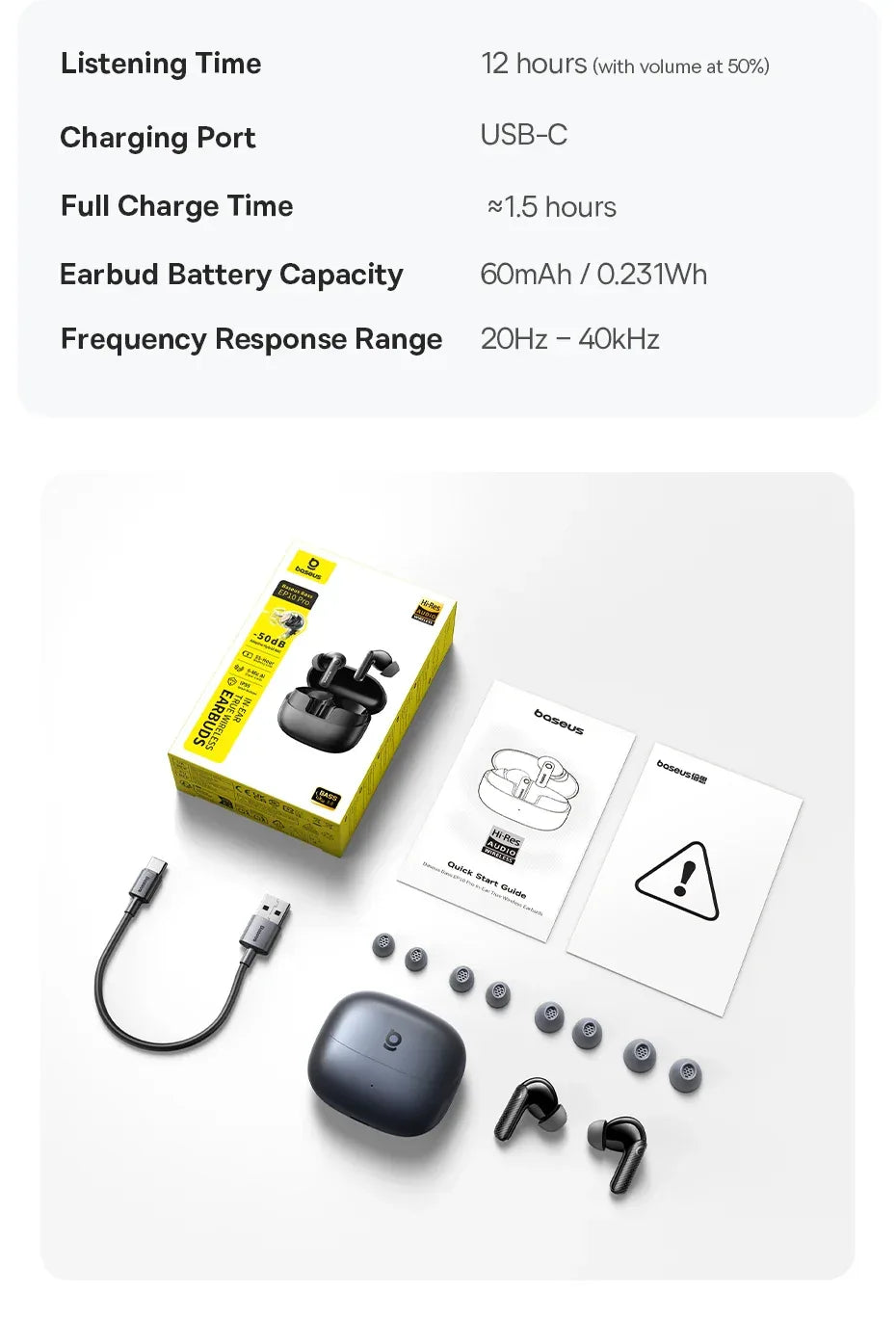 Baseus EP10 Pro ANC Earbuds Wireless Bluetooth 6.0 Earphones 50dB Realtime Adaptive Headphones 6 Mic Hi-Res LDAC IP55 Ear buds Tidesmit