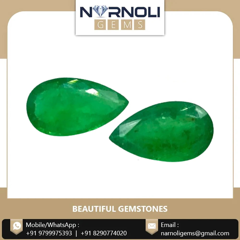 Green teardrop gemstone cabochons on a product card, shiny polished finish